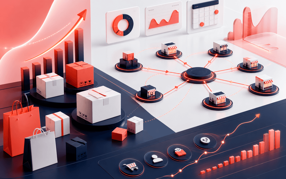 Système abstrait de croissance e-commerce et retail B2B avec produits, distributeurs, réassort et métriques commerciales