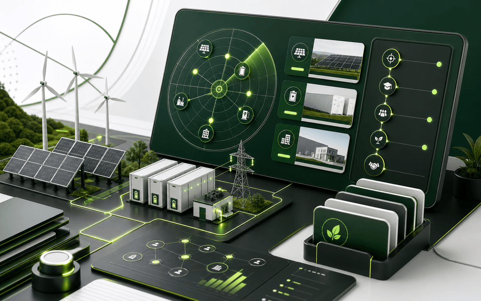 Système abstrait de détection de projets énergie avec solaire, batteries, réseau technique et cartographie des besoins