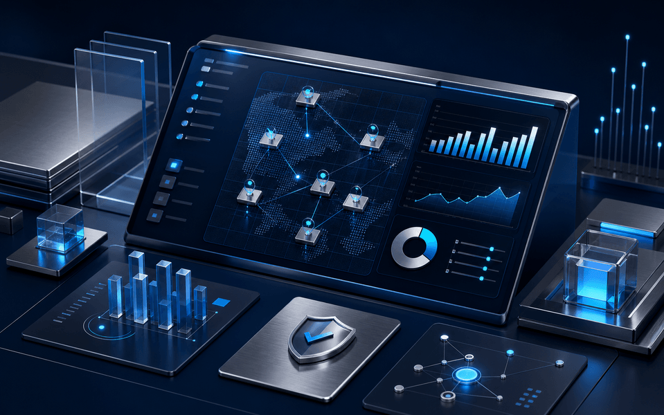 Système abstrait de prospection financière avec tableau de bord, cartographie de comptes et pipeline commercial
