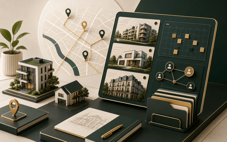 Système abstrait de prospection immobilière avec carte locale, projets, rendez-vous et dossiers qualifiés