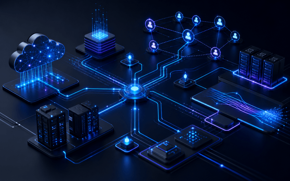 Système abstrait de qualification télécommunications et IT avec réseau, cloud, serveurs, fibre et décideurs connectés