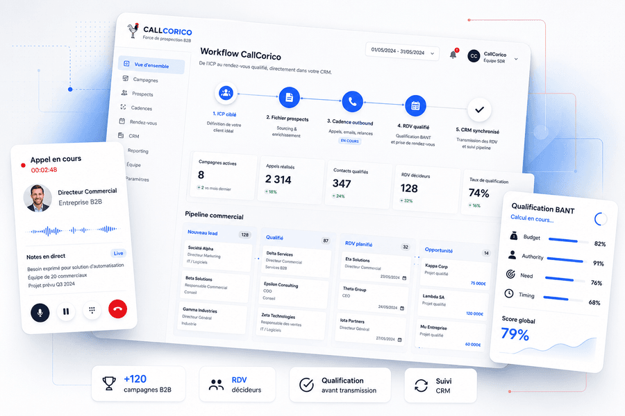 Workflow CallCorico pour piloter la prospection B2B, les appels, la qualification BANT et le CRM