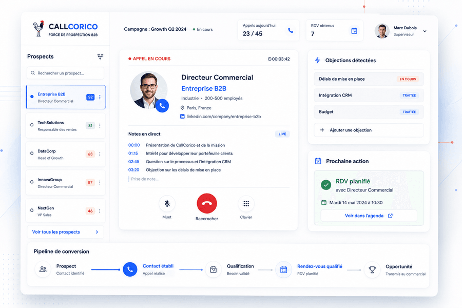 Interface CallCorico pour suivre les appels, les objections, les prospects et les rendez-vous obtenus
